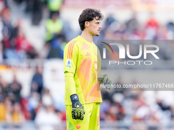 Mile Svilar of AS Roma looks on during the Serie A Enilive match between AS Roma and Bologna FC at Stadio Olimpico on November 10, 2024 in R...