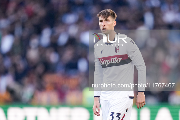 Juan Miranda of Bologna FC looks on during the Serie A Enilive match between AS Roma and Bologna FC at Stadio Olimpico on November 10, 2024...