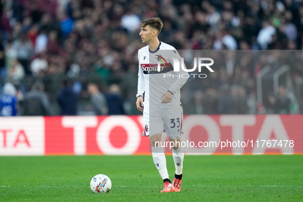 Juan Miranda of Bologna FC during the Serie A Enilive match between AS Roma and Bologna FC at Stadio Olimpico on November 10, 2024 in Rome,...