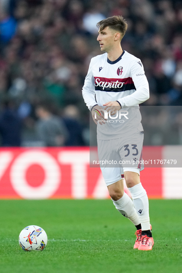 Juan Miranda of Bologna FC during the Serie A Enilive match between AS Roma and Bologna FC at Stadio Olimpico on November 10, 2024 in Rome,...