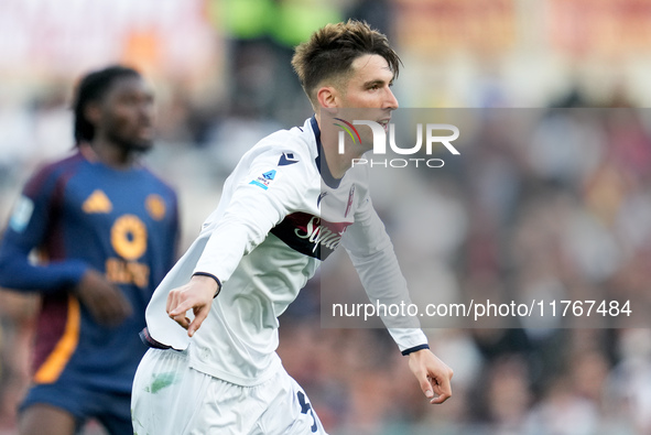 Juan Miranda of Bologna FC gestures during the Serie A Enilive match between AS Roma and Bologna FC at Stadio Olimpico on November 10, 2024...