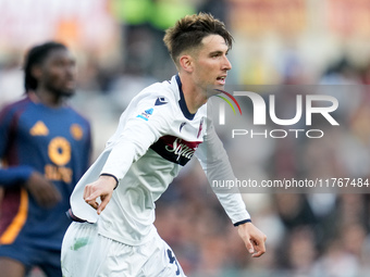 Juan Miranda of Bologna FC gestures during the Serie A Enilive match between AS Roma and Bologna FC at Stadio Olimpico on November 10, 2024...