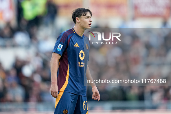 Niccolo' Pisilli of AS Roma looks on during the Serie A Enilive match between AS Roma and Bologna FC at Stadio Olimpico on November 10, 2024...