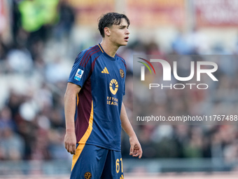 Niccolo' Pisilli of AS Roma looks on during the Serie A Enilive match between AS Roma and Bologna FC at Stadio Olimpico on November 10, 2024...