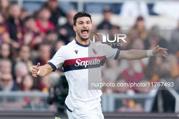 Riccardo Orsolini of Bologna FC reacts during the Serie A Enilive match between AS Roma and Bologna FC at Stadio Olimpico on November 10, 20...