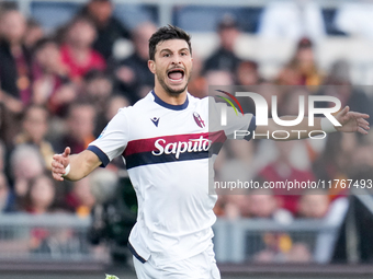 Riccardo Orsolini of Bologna FC reacts during the Serie A Enilive match between AS Roma and Bologna FC at Stadio Olimpico on November 10, 20...