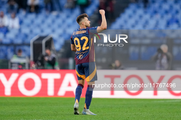 Stephan El Shaarawy of AS Roma celebrates after scoring first goal during the Serie A Enilive match between AS Roma and Bologna FC at Stadio...