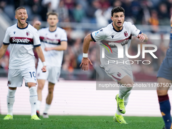 Riccardo Orsolini of Bologna FC celebrates after scoring second goal during the Serie A Enilive match between AS Roma and Bologna FC at Stad...