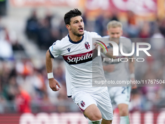 Riccardo Orsolini of Bologna FC celebrates after scoring second goal during the Serie A Enilive match between AS Roma and Bologna FC at Stad...