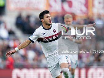 Riccardo Orsolini of Bologna FC celebrates after scoring second goal during the Serie A Enilive match between AS Roma and Bologna FC at Stad...