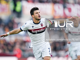 Riccardo Orsolini of Bologna FC celebrates after scoring second goal during the Serie A Enilive match between AS Roma and Bologna FC at Stad...