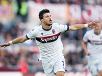 Riccardo Orsolini of Bologna FC celebrates after scoring second goal during the Serie A Enilive match between AS Roma and Bologna FC at Stad...