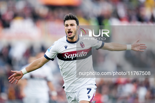 Riccardo Orsolini of Bologna FC celebrates after scoring second goal during the Serie A Enilive match between AS Roma and Bologna FC at Stad...