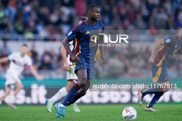 Evan Ndicka of AS Roma during the Serie A Enilive match between AS Roma and Bologna FC at Stadio Olimpico on November 10, 2024 in Rome, Ital...