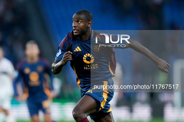 Evan Ndicka of AS Roma during the Serie A Enilive match between AS Roma and Bologna FC at Stadio Olimpico on November 10, 2024 in Rome, Ital...