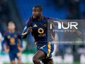 Evan Ndicka of AS Roma during the Serie A Enilive match between AS Roma and Bologna FC at Stadio Olimpico on November 10, 2024 in Rome, Ital...