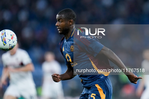 Evan Ndicka of AS Roma during the Serie A Enilive match between AS Roma and Bologna FC at Stadio Olimpico on November 10, 2024 in Rome, Ital...