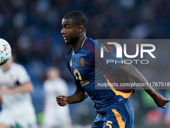 Evan Ndicka of AS Roma during the Serie A Enilive match between AS Roma and Bologna FC at Stadio Olimpico on November 10, 2024 in Rome, Ital...