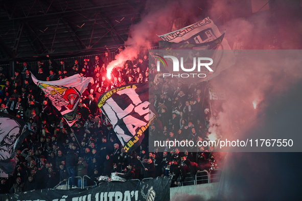 Fans of Universitatea Cluj attend the Superliga match between Universitatea Cluj and FCSB at Cluj Arena in Cluj, Romania, on November 10, 20...