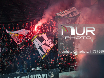 Fans of Universitatea Cluj attend the Superliga match between Universitatea Cluj and FCSB at Cluj Arena in Cluj, Romania, on November 10, 20...