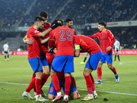 Players of FCSB celebrate during the Superliga match between Universitatea Cluj and FCSB at Cluj Arena in Cluj, Romania, on November 10, 202...