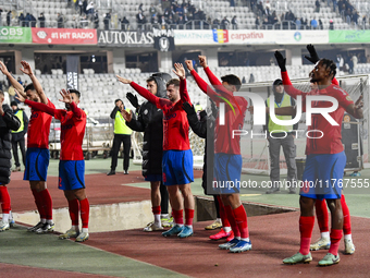 Players of FCSB celebrate during the Superliga match between Universitatea Cluj and FCSB at Cluj Arena in Cluj, Romania, on November 10, 202...