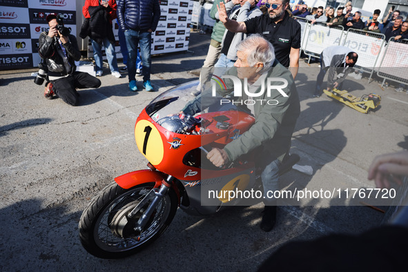 Giacomo Agostini attends the Champions Charity Race Legend at MotoLive during the 110th edition of EICMA Milan Motorcycle Show at Rho Fiera...