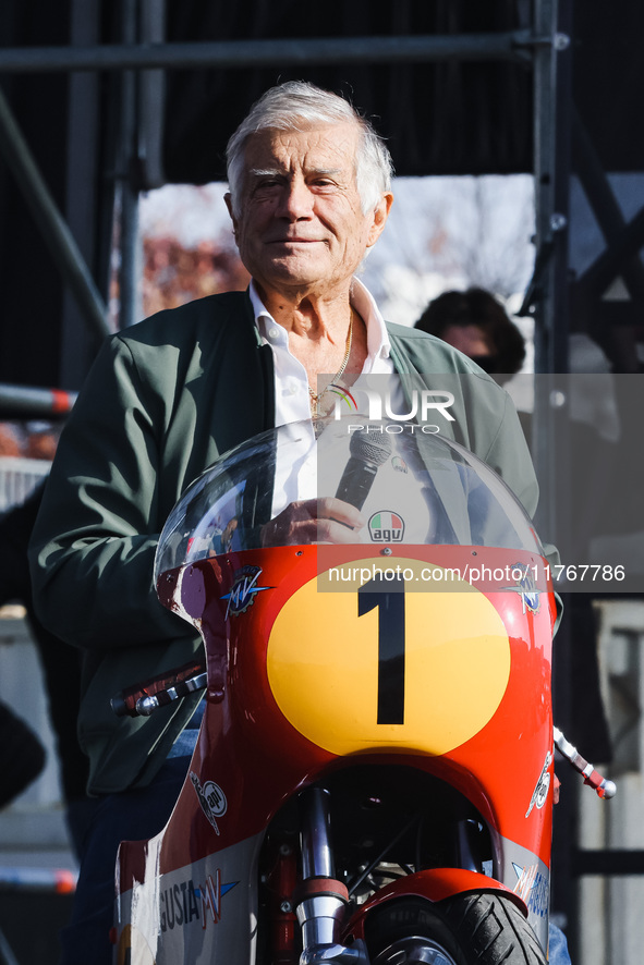 Giacomo Agostini attends the Champions Charity Race Legend at MotoLive during the 110th edition of the EICMA Milan Motorcycle Show at Rho Fi...