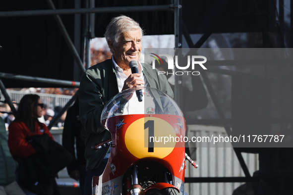 Giacomo Agostini attends the Champions Charity Race Legend at MotoLive during the 110th edition of the EICMA Milan Motorcycle Show at Rho Fi...