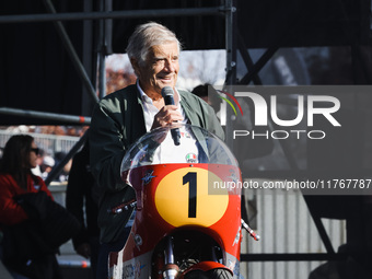 Giacomo Agostini attends the Champions Charity Race Legend at MotoLive during the 110th edition of the EICMA Milan Motorcycle Show at Rho Fi...