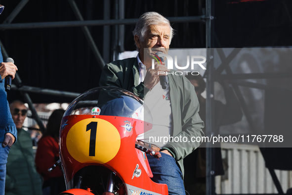 Giacomo Agostini attends the Champions Charity Race Legend at MotoLive during the 110th edition of the EICMA Milan Motorcycle Show at Rho Fi...