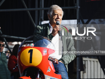 Giacomo Agostini attends the Champions Charity Race Legend at MotoLive during the 110th edition of the EICMA Milan Motorcycle Show at Rho Fi...