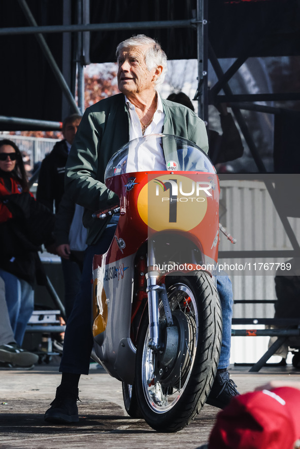 Giacomo Agostini attends the Champions Charity Race Legend at MotoLive during the 110th edition of the EICMA Milan Motorcycle Show at Rho Fi...