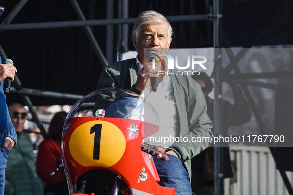 Giacomo Agostini attends the Champions Charity Race Legend at MotoLive during the 110th edition of the EICMA Milan Motorcycle Show at Rho Fi...