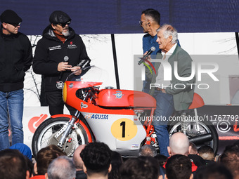 Giacomo Agostini attends the Champions Charity Race Legend at MotoLive during the 110th edition of EICMA Milan Motorcycle Show at Rho Fiera...