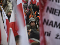 A man dressed as a WWII soldier marches as he participates in the 106th anniversary of Poland regaining its independence in Warsaw, Poland,...