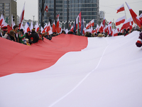 People carry a huge Polish national flag as they participate in the 106th anniversary of Poland's regaining its independence in Warsaw, Pola...