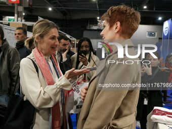 French Minister of Labor and Employment Astrid Panosyan-Bouvet (R) speaks with French journalist Natacha Polony (L) as she visits the ''Made...