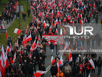 People take part in marking the 106th independence celebration in Warsaw, Poland on 11 November, 2024. A march organized by far-right, natio...