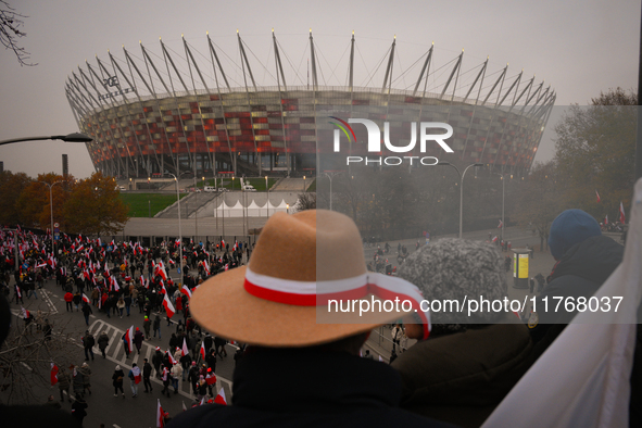 Crowds are seen in front of the National Stadium in Warsaw, Poland on 11 November, 2024. A march organized by far-right, nationalist organiz...