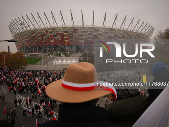 Crowds are seen in front of the National Stadium in Warsaw, Poland on 11 November, 2024. A march organized by far-right, nationalist organiz...