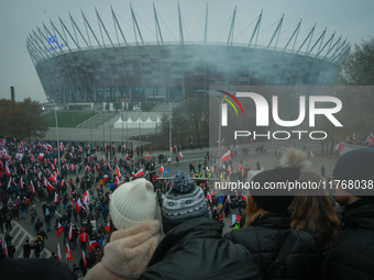 Crowds are seen in front of the National Stadium in Warsaw, Poland on 11 November, 2024. A march organized by far-right, nationalist organiz...