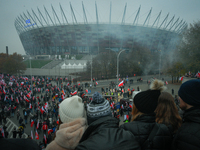 Crowds are seen in front of the National Stadium in Warsaw, Poland on 11 November, 2024. A march organized by far-right, nationalist organiz...