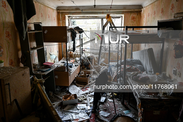 A room in a hostel where internally displaced persons live is damaged by an overnight Russian air strike in Zaporizhzhia, Ukraine, on Novemb...