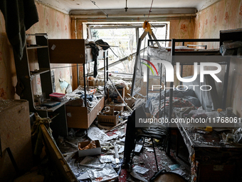 A room in a hostel where internally displaced persons live is damaged by an overnight Russian air strike in Zaporizhzhia, Ukraine, on Novemb...