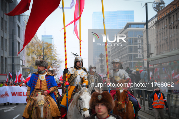 Participants of horses dressed as medeaval nighst are seen during the Independence Day march in Warsaw, Poland on 11 November, 2024. A march...