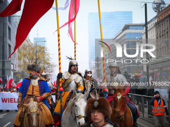 Participants of horses dressed as medeaval nighst are seen during the Independence Day march in Warsaw, Poland on 11 November, 2024. A march...