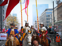 Participants of horses dressed as medeaval nighst are seen during the Independence Day march in Warsaw, Poland on 11 November, 2024. A march...