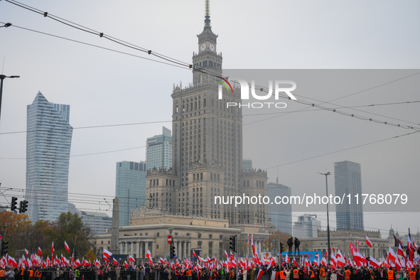 People take part in marking the 106th independence celebration in Warsaw, Poland on 11 November, 2024. A march organized by far-right, natio...