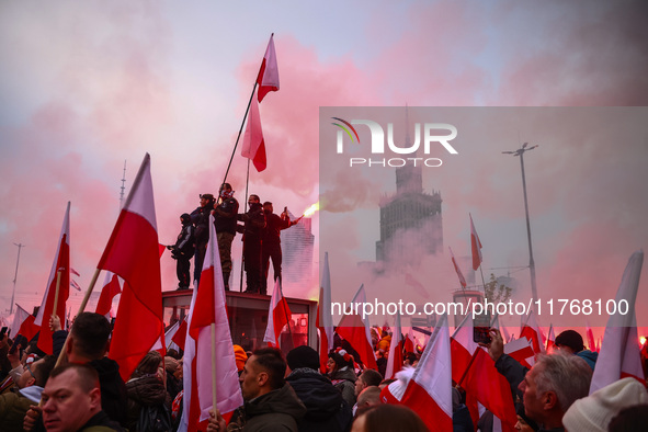 People attend Independence March celebrating the 106 anniversary of Poland regaining independence. Warsaw, Poland on 11 November, 2024. Tens...